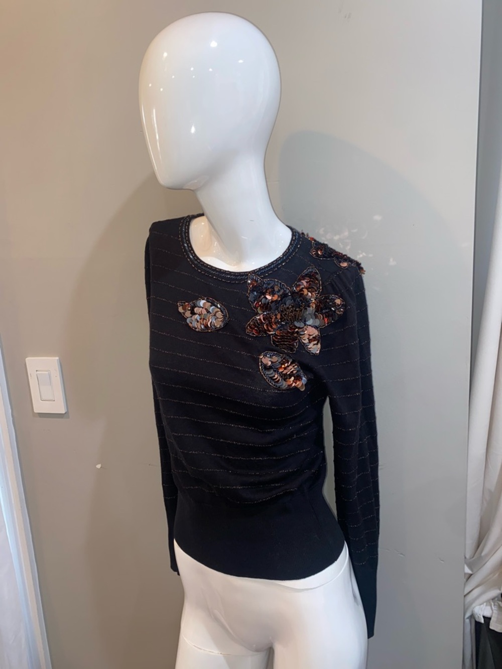Marc by Marc Jacobs Black Crewneck Sweater with Sequin Floral Appliqué